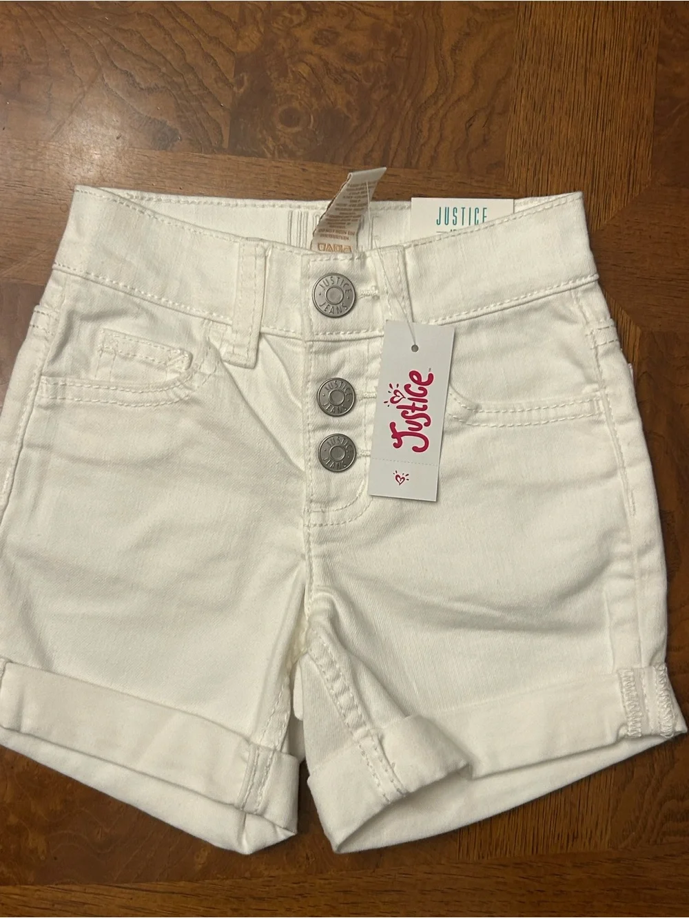 Next-Girls Justice White Rolled-Hem Denim Shorts with Snap Fly Closure